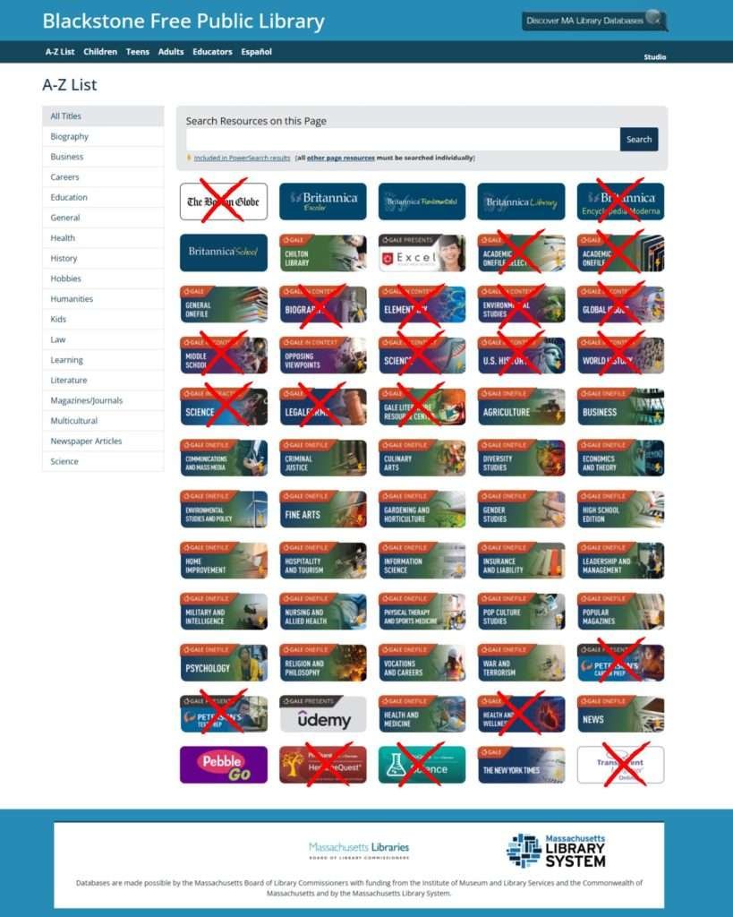 Screenshot of MA Statewide Databases available to Blackstone on June 23, 2025, edited to cross out what's going away