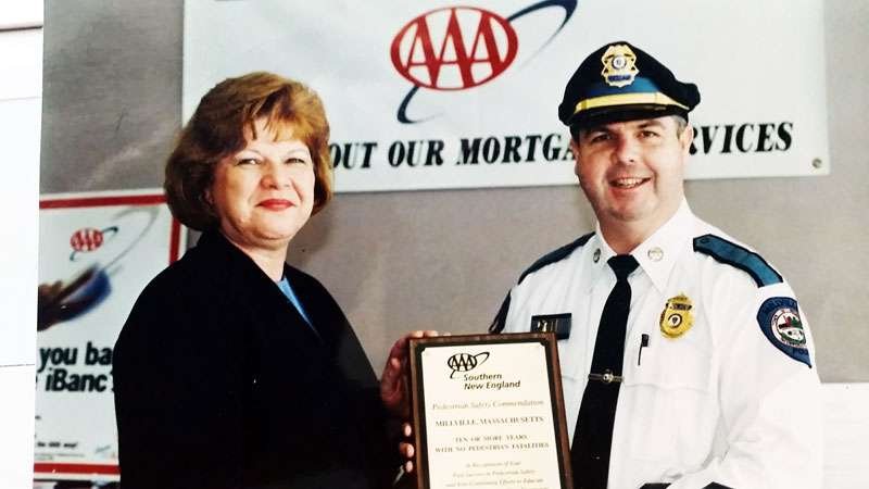 Timothy Ryan, Millville Police Chief in 1997, accepts an award from AAA recognizing over 10 years without a pedestrian fatality—a full-circle moment in the effort to make Dead Man’s Curve in Millville safer.
